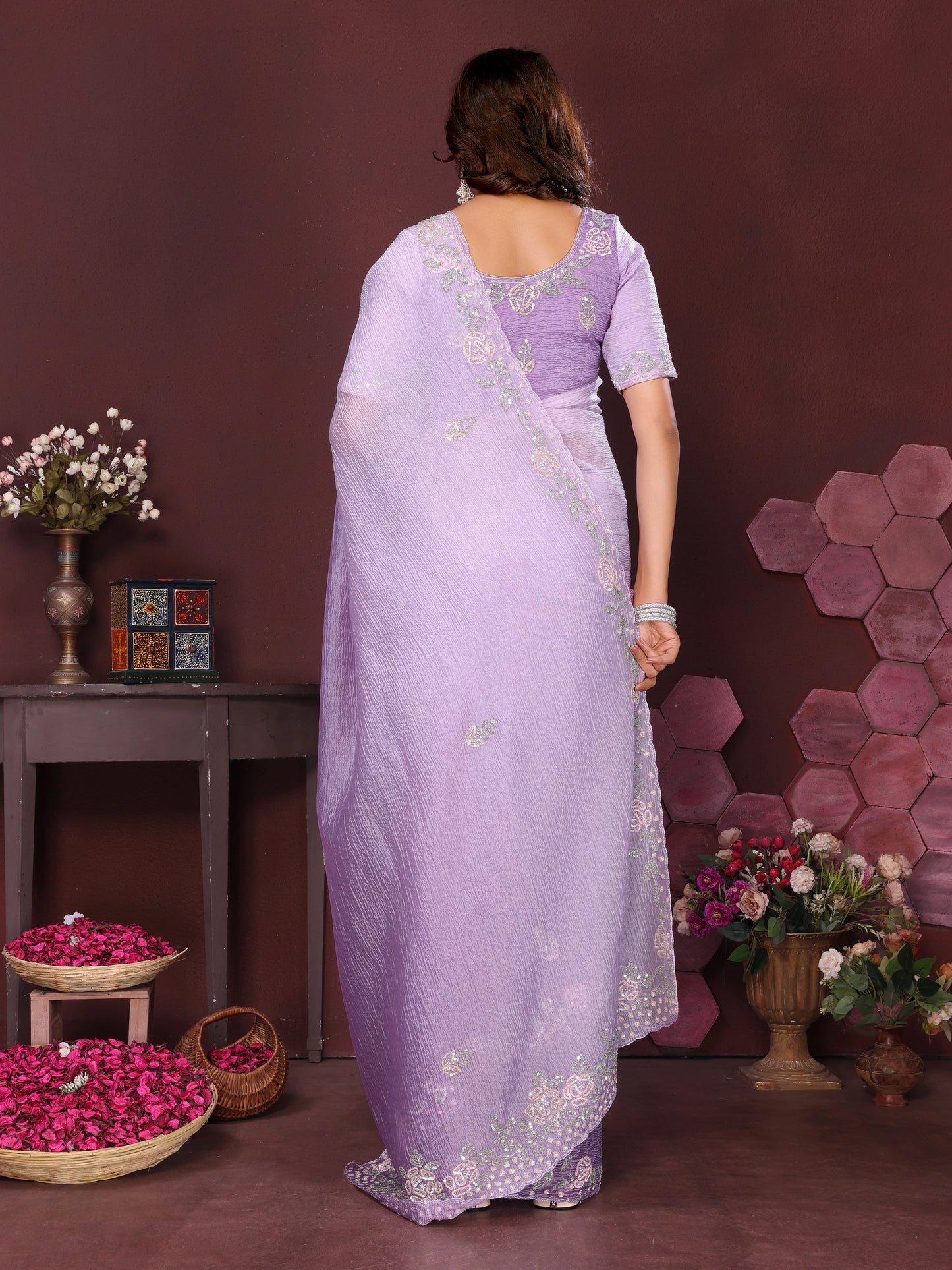 Lilac Blossom Crushed Tissue Saree With Cutdana And Sequin Border
