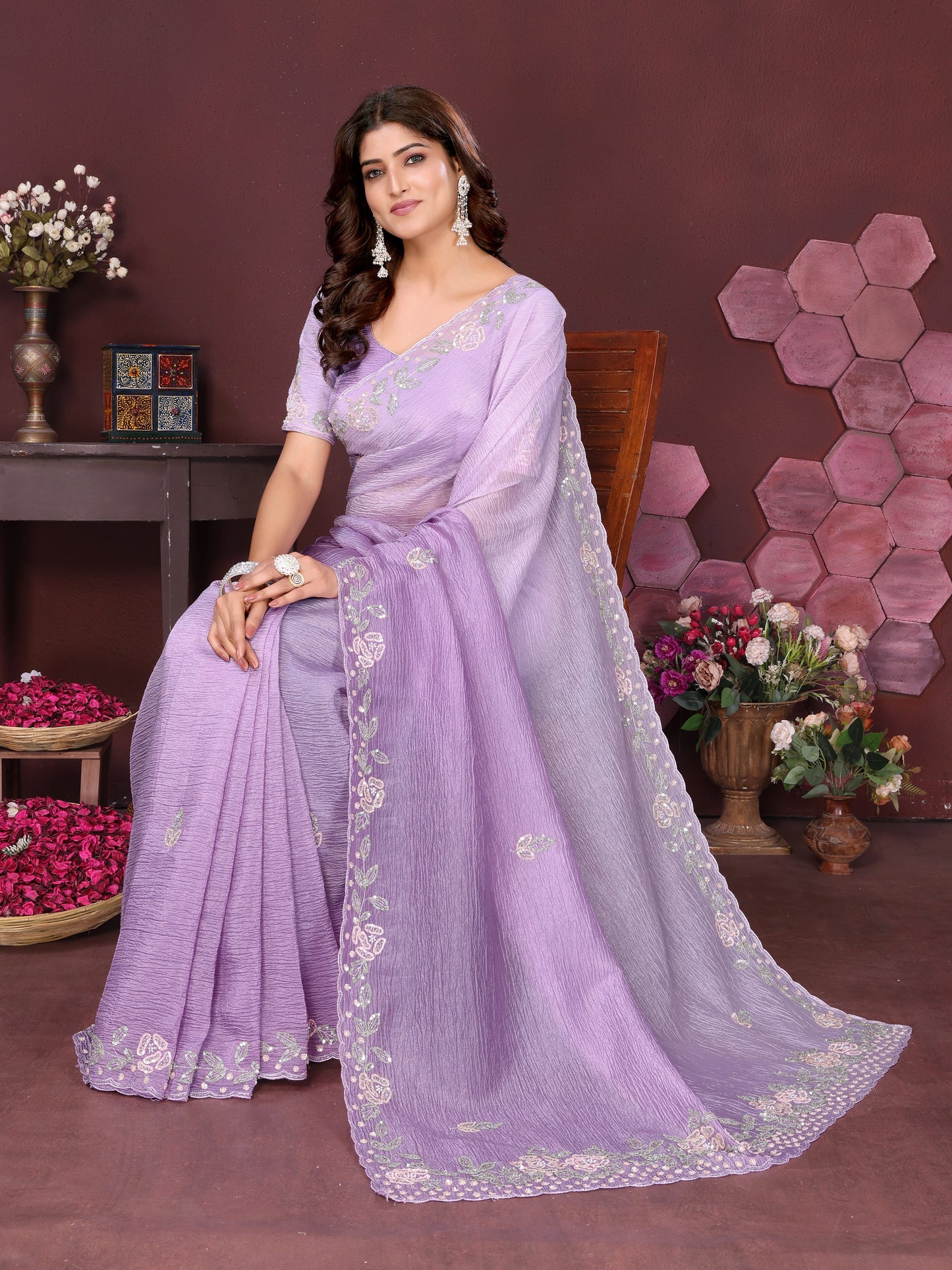 Lilac Blossom Crushed Tissue Saree With Cutdana And Sequin Border