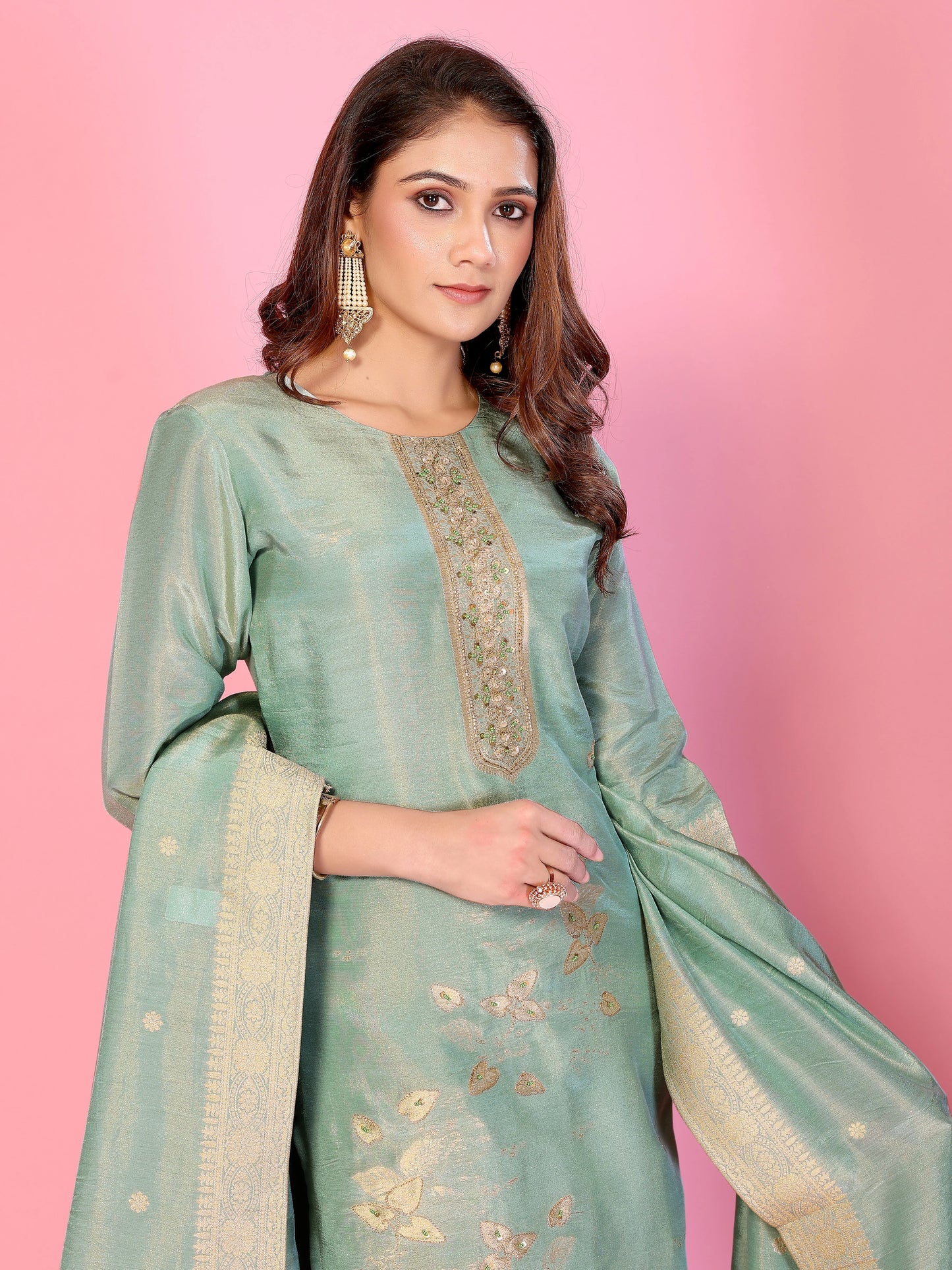 Pastel Serenity Muslin tissue Silk Ensemble HandWork suit set