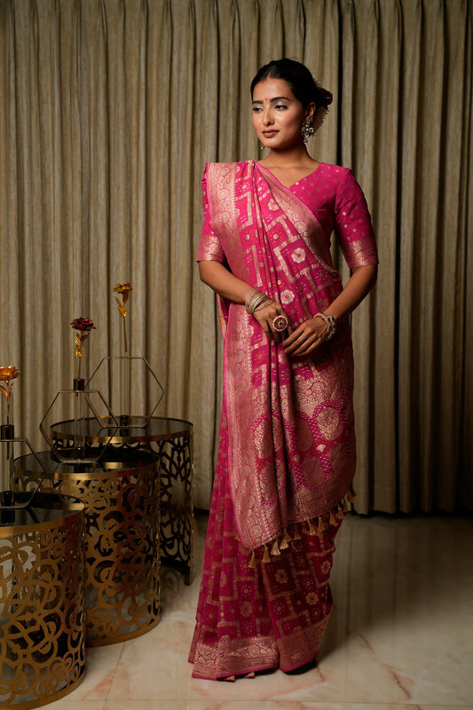 Gulal Pink Woven Banarasi Pure Georgette Bandhani Saree