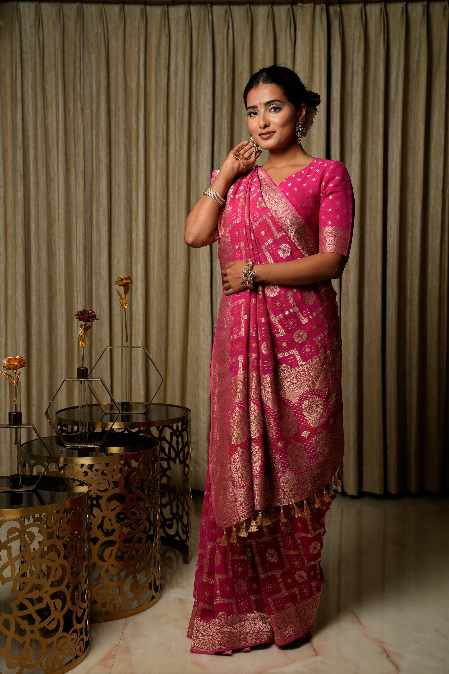 Gulal Pink Woven Banarasi Pure Georgette Bandhani Saree