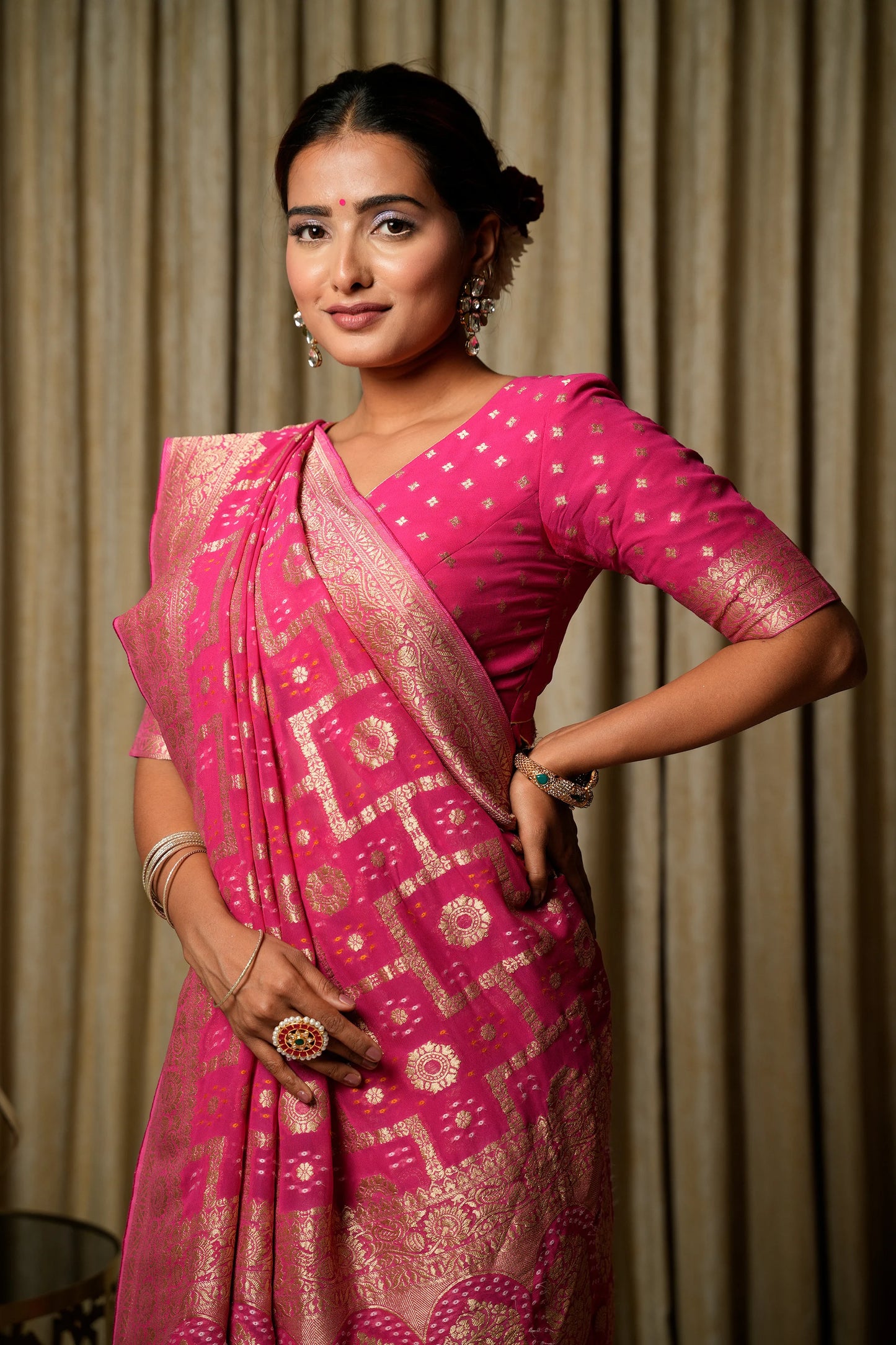 Gulal Pink Woven Banarasi Pure Georgette Bandhani Saree