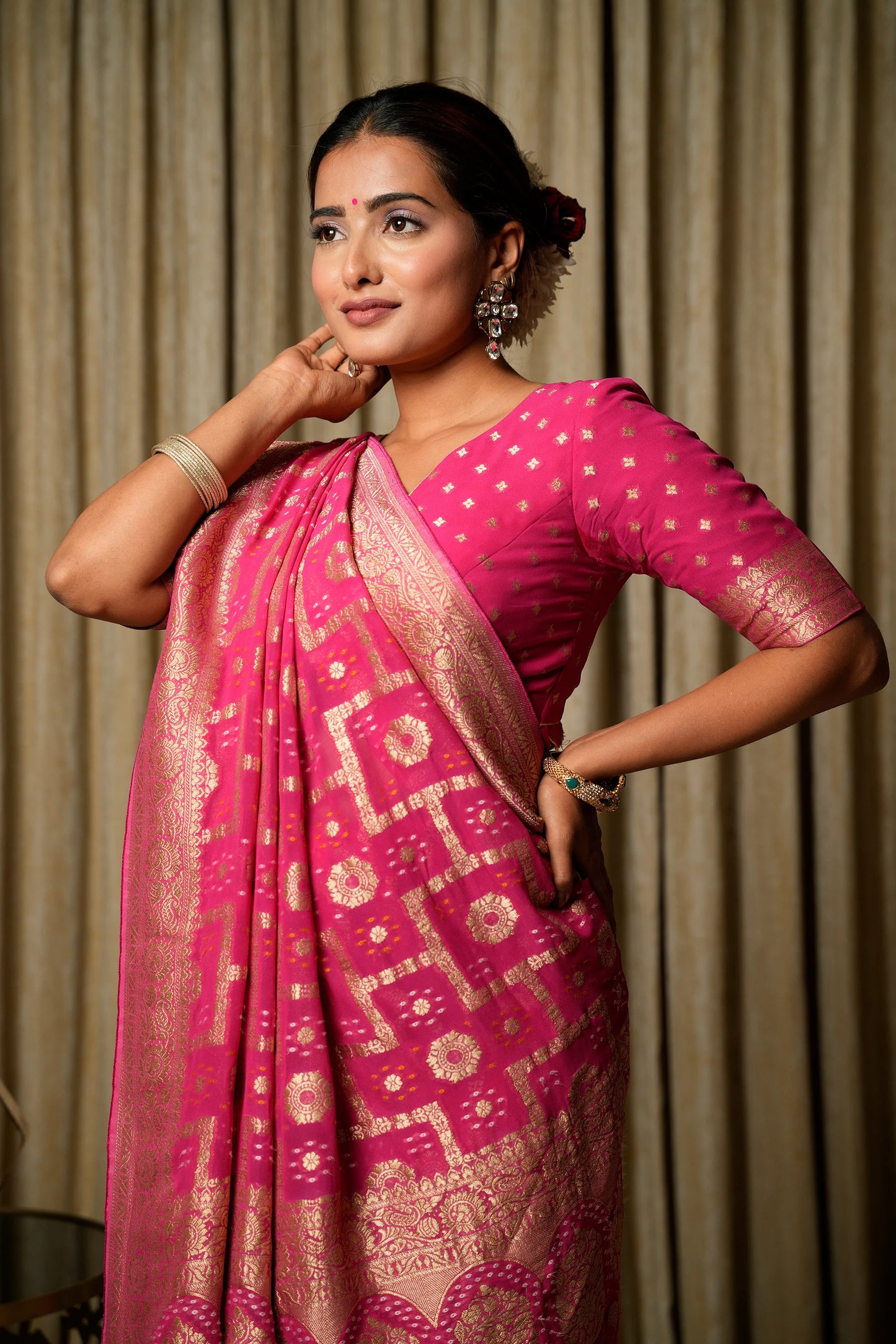 Gulal Pink Woven Banarasi Pure Georgette Bandhani Saree