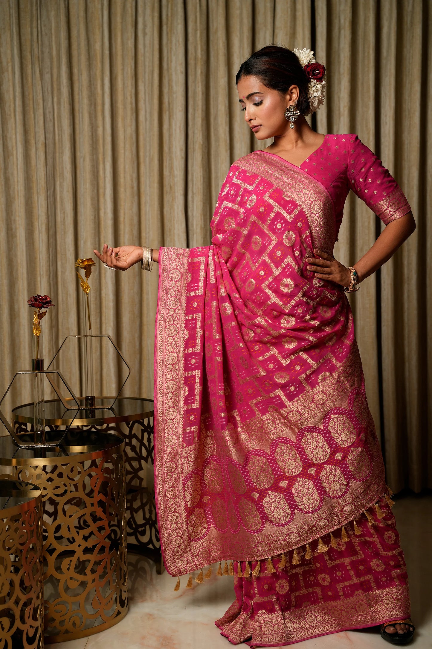 Gulal Pink Woven Banarasi Pure Georgette Bandhani Saree