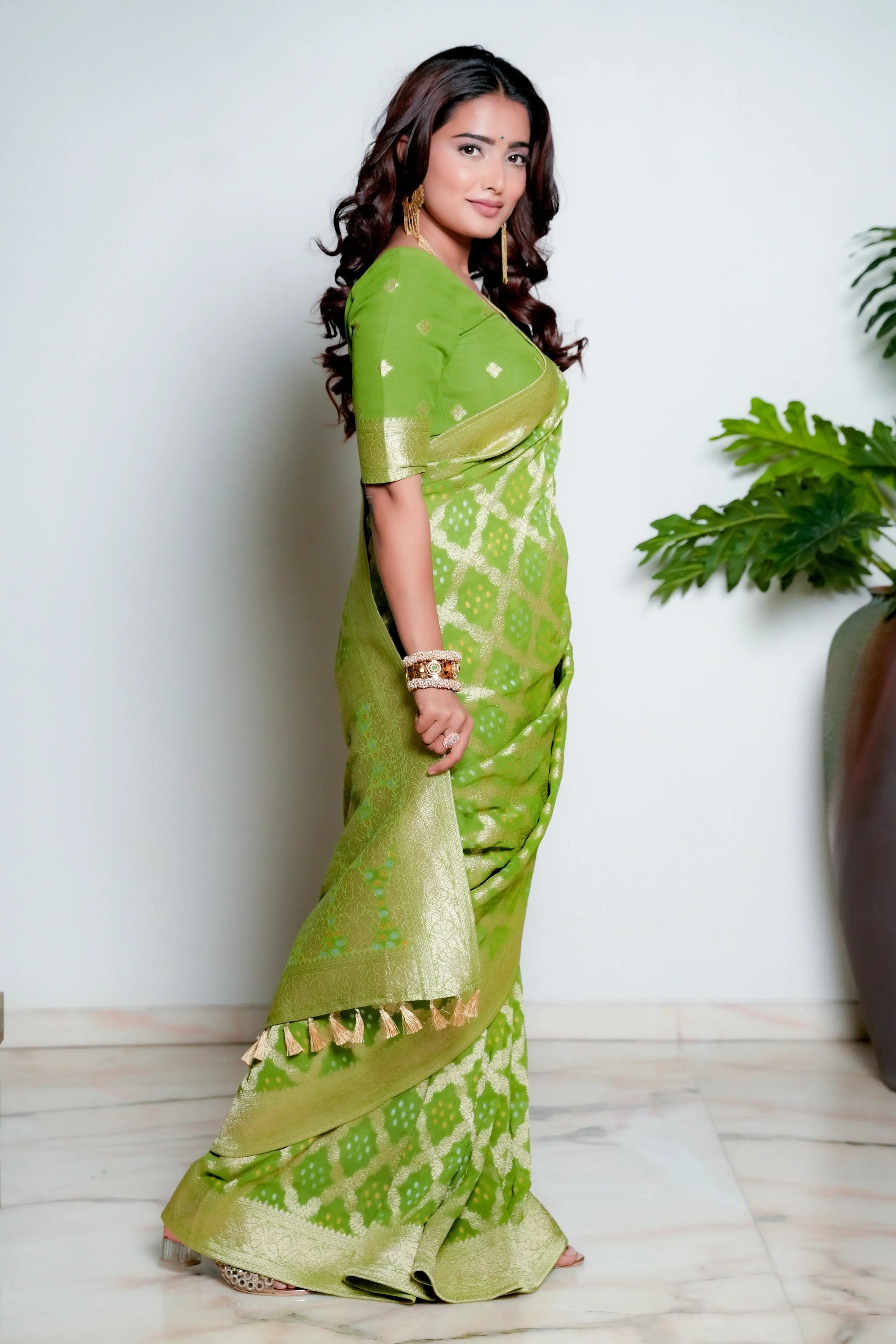 Saga Green Banarasi Bandhani Pure Georgette Saree Bhageerath Couture
