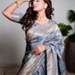 Metallic Grey Woven Banarasi Organza Satin Silk Saree with Tissue Zari