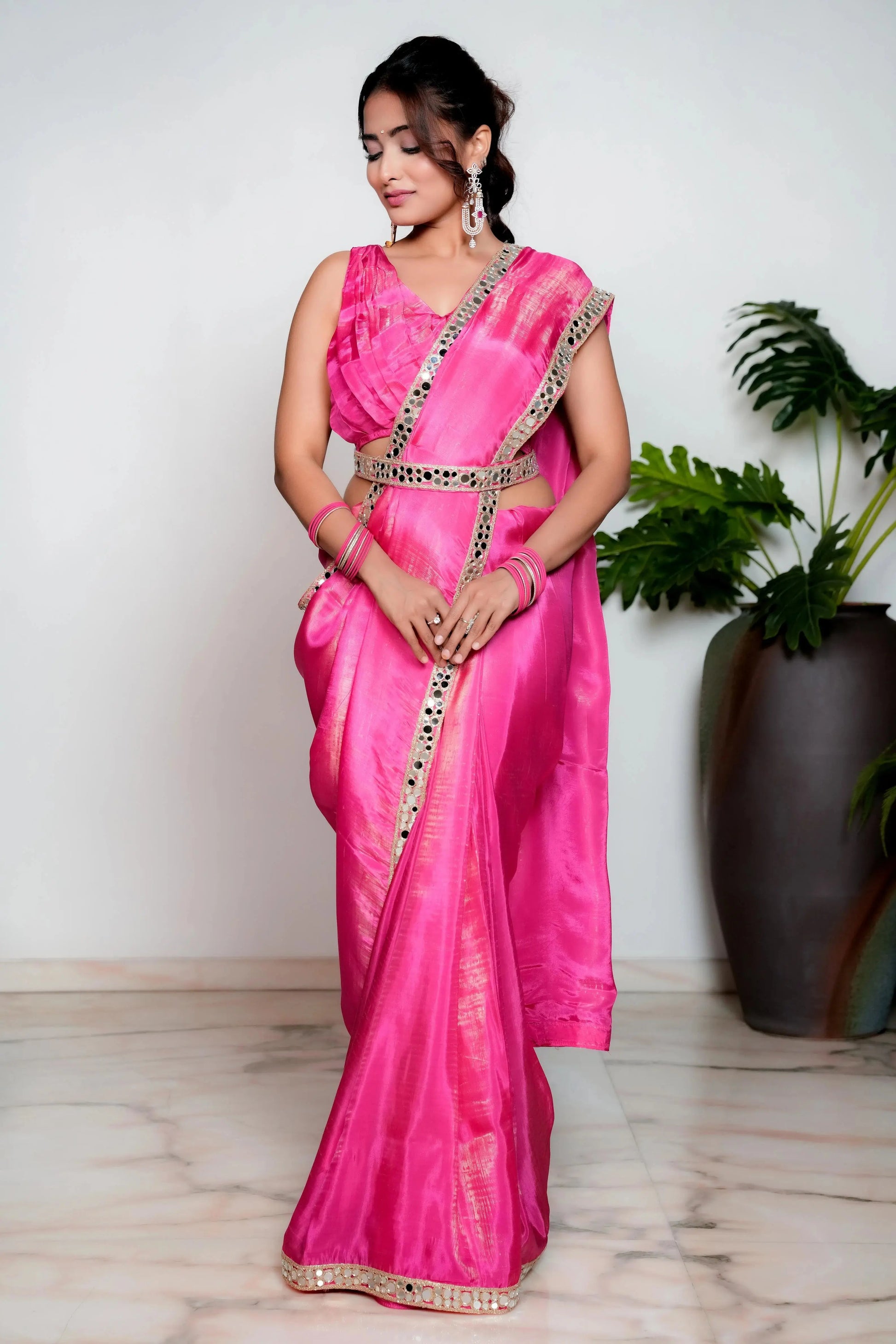 Royal Princess Golden Pink Woven Pure Tissue Silk Saree with Heavy Golden Mirror Work Border Bhageerath Couture