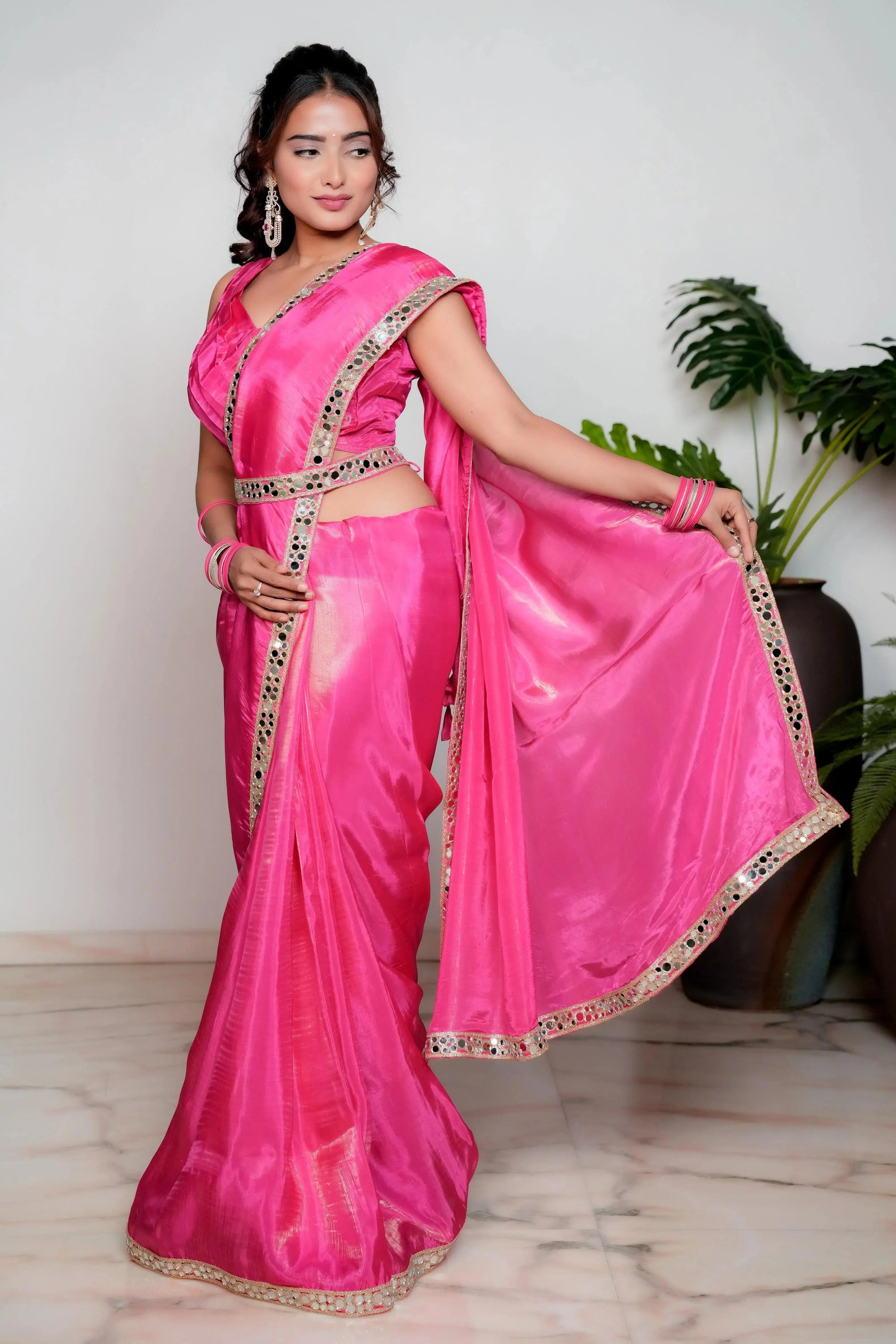 Royal Princess Golden Pink Woven Pure Tissue Silk Saree with Heavy Golden Mirror Work Border Bhageerath Couture