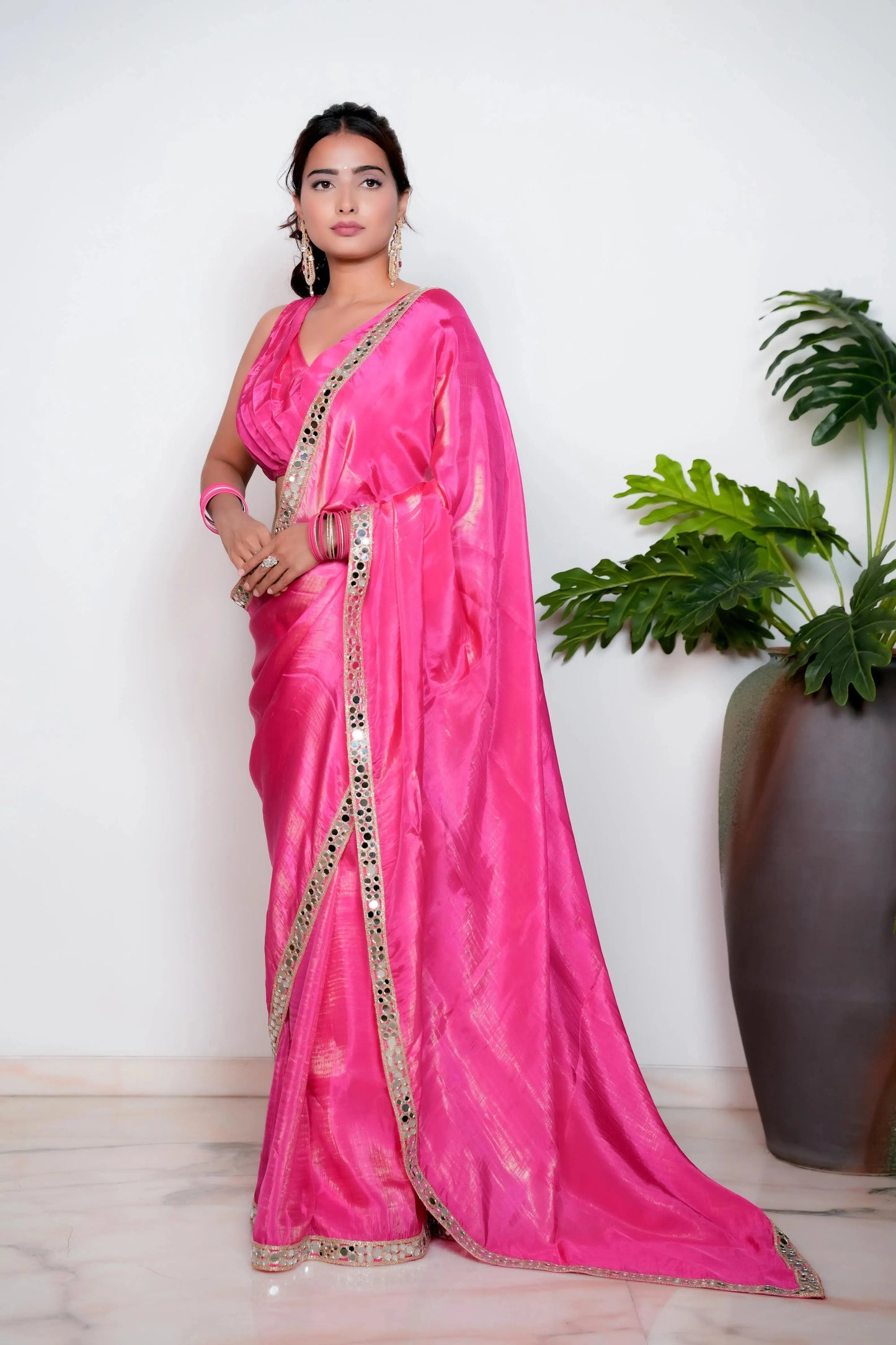 Royal Princess Golden Pink Woven Pure Tissue Silk Saree with Heavy Golden Mirror Work Border Bhageerath Couture