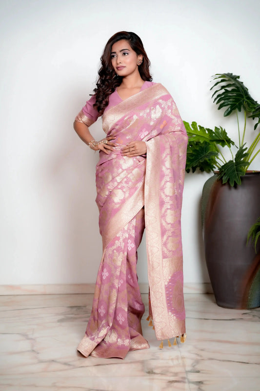 Soft Pink Banarasi Bandhani Pure Georgette Saree with Royal Touch