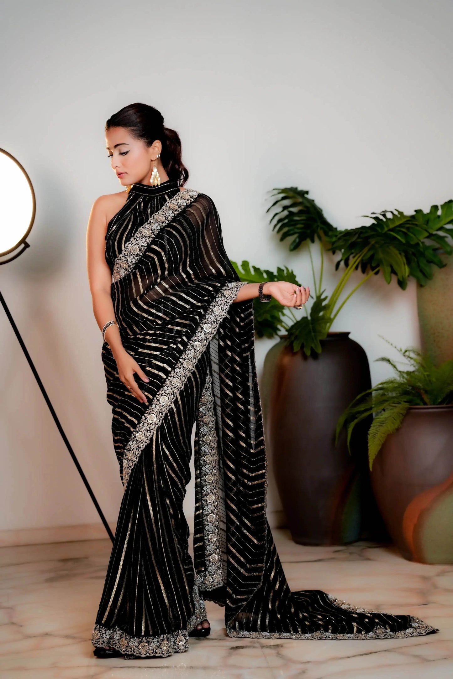 Coal Black Woven Georgette Silk Saree with Heavy Golden Embroidered Border - Bhageerath Couture