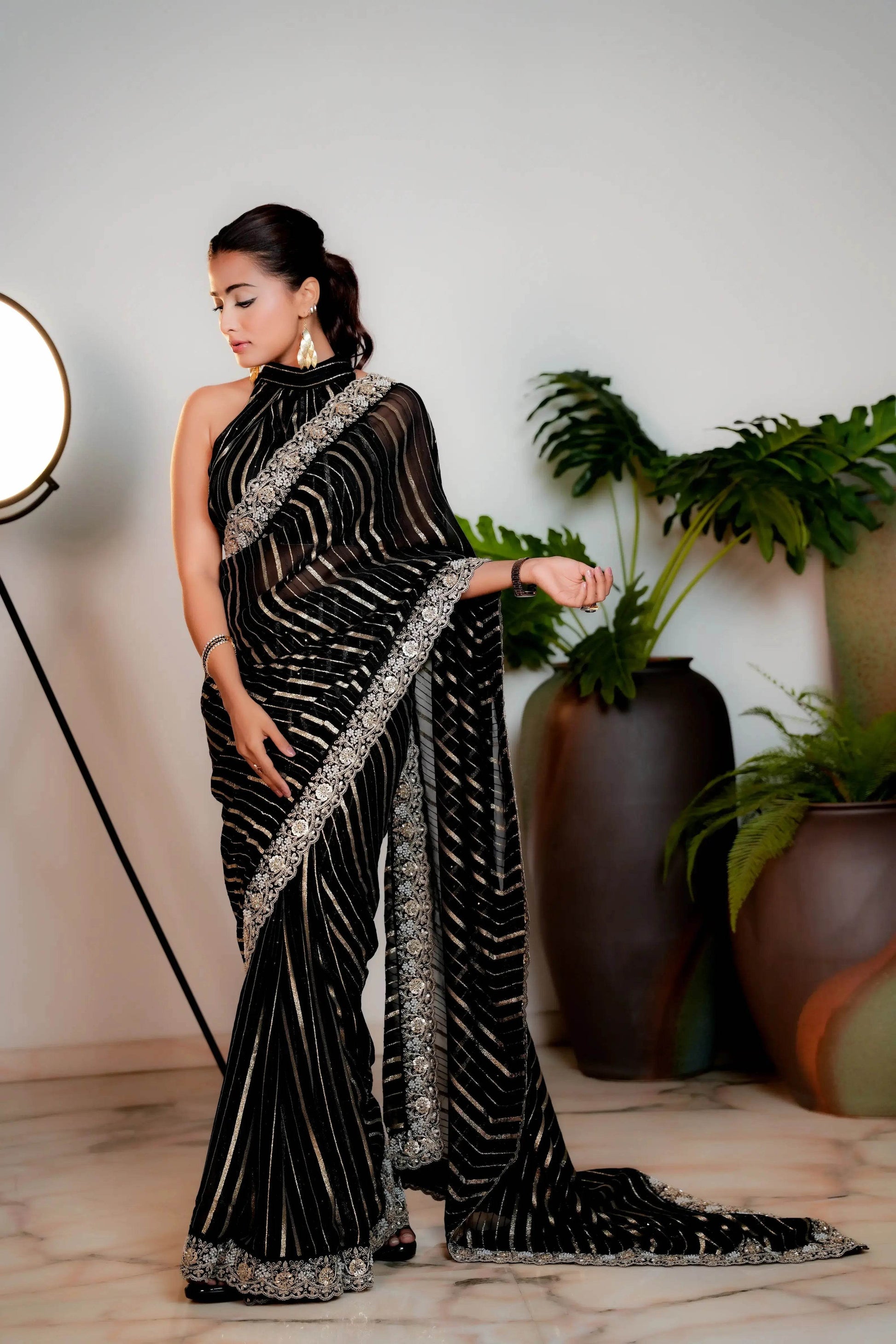 Coal Black Woven Georgette Silk Saree with Heavy Golden Embroidered Border - Bhageerath Couture