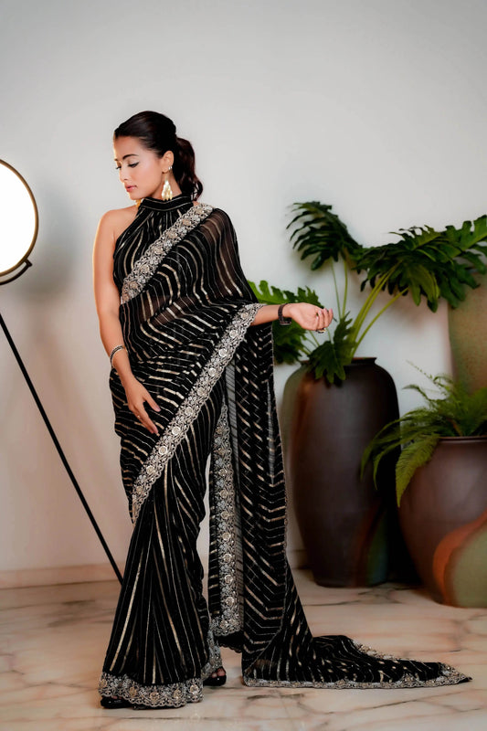 Coal Black Woven Georgette Silk Saree with Heavy Golden Embroidered Border - Bhageerath Couture