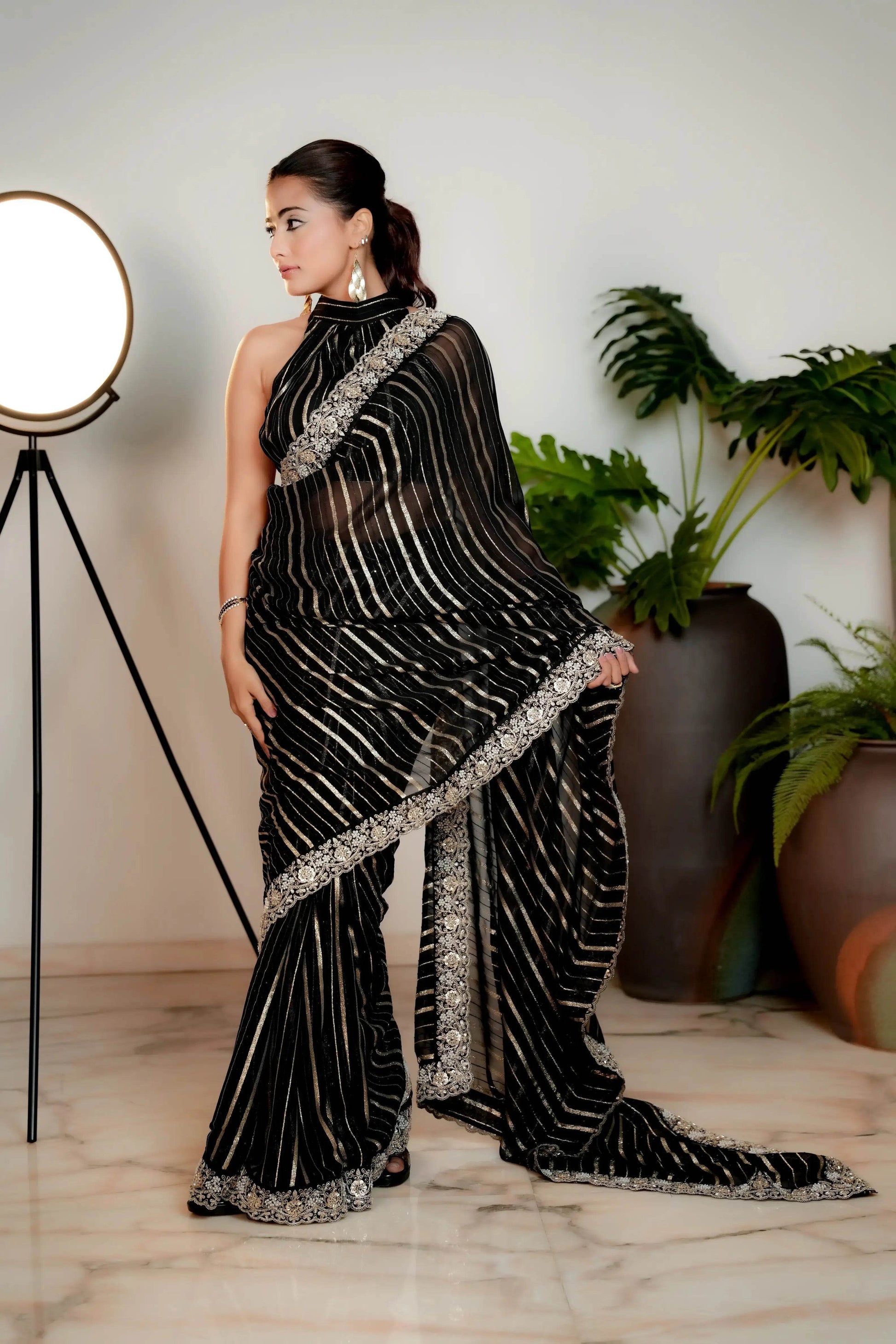 Coal Black Woven Georgette Silk Saree with Heavy Golden Embroidered Border - Bhageerath Couture