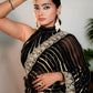 Coal Black Woven Georgette Silk Saree with Heavy Golden Embroidered Border - Bhageerath Couture