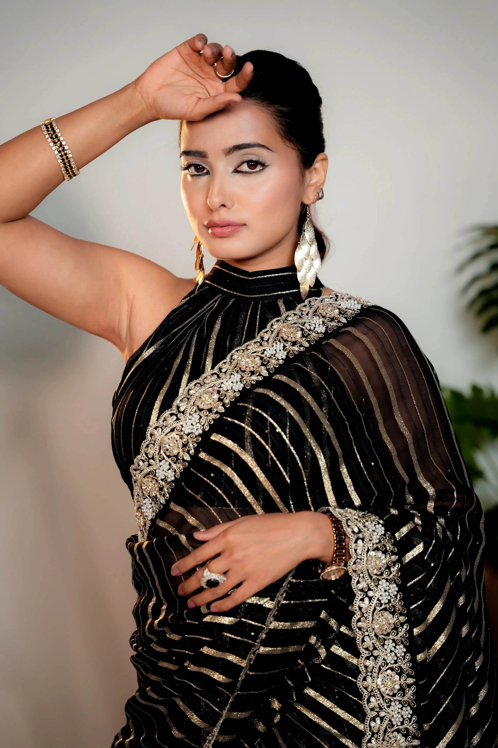 Coal Black Woven Georgette Silk Saree with Heavy Golden Embroidered Border - Bhageerath Couture