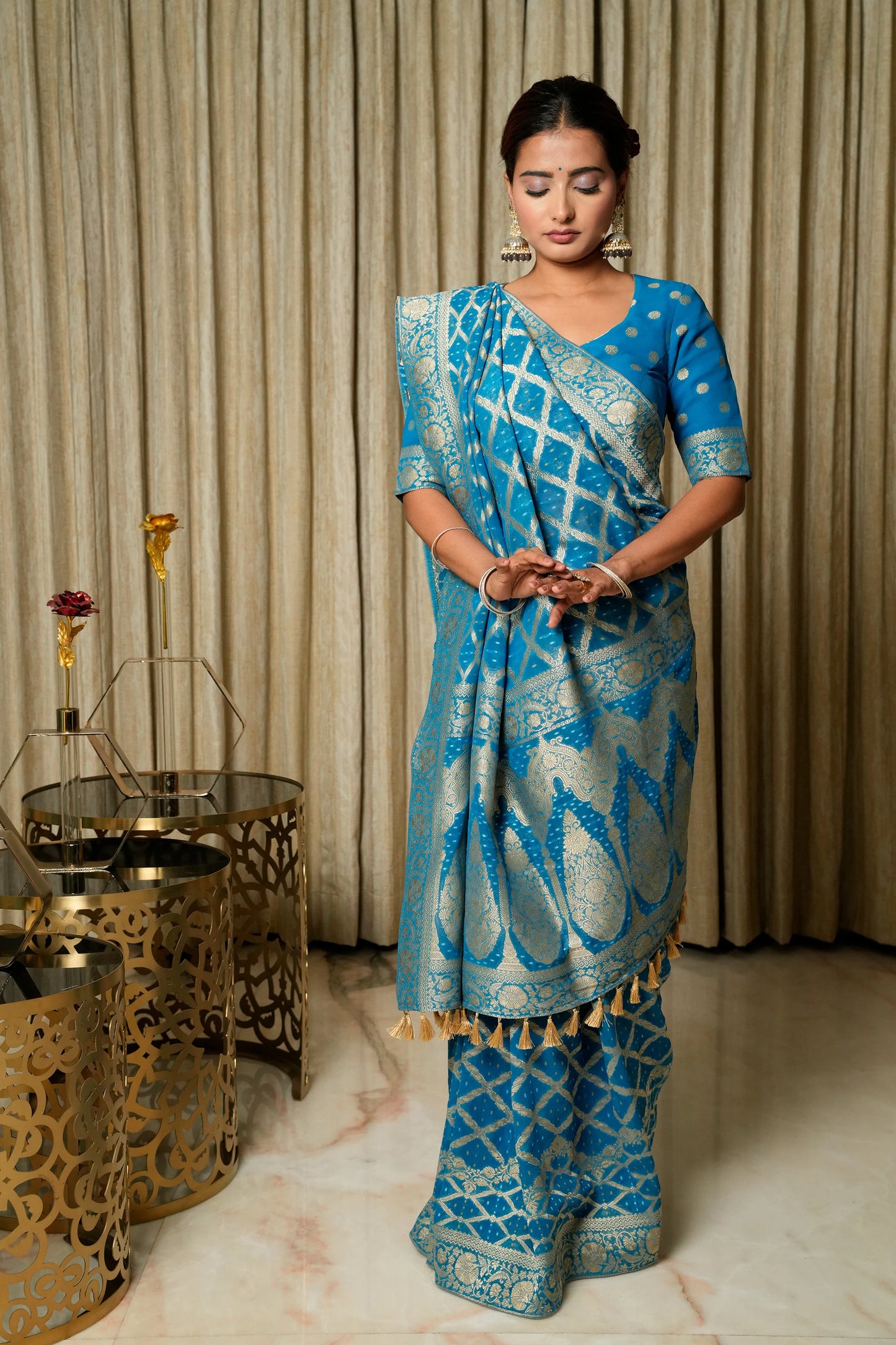 River Blue Woven Banarasi Pure Georgette Bandhej Saree (Bandhani)