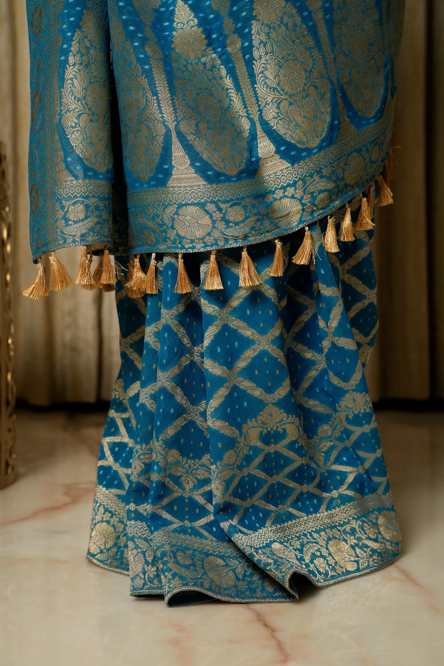 River Blue Woven Banarasi Pure Georgette Bandhej Saree (Bandhani)