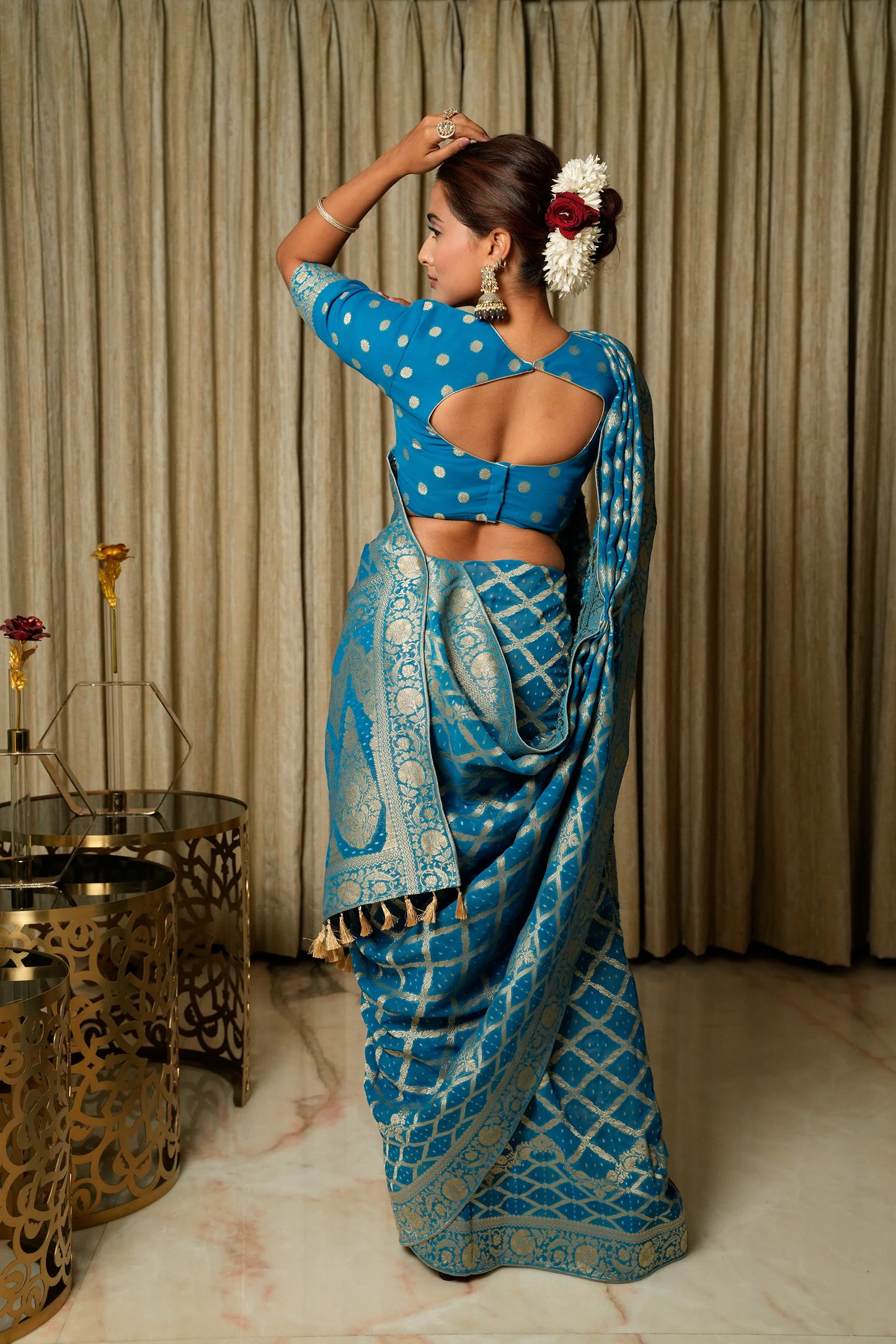 River Blue Woven Banarasi Pure Georgette Bandhej Saree (Bandhani)