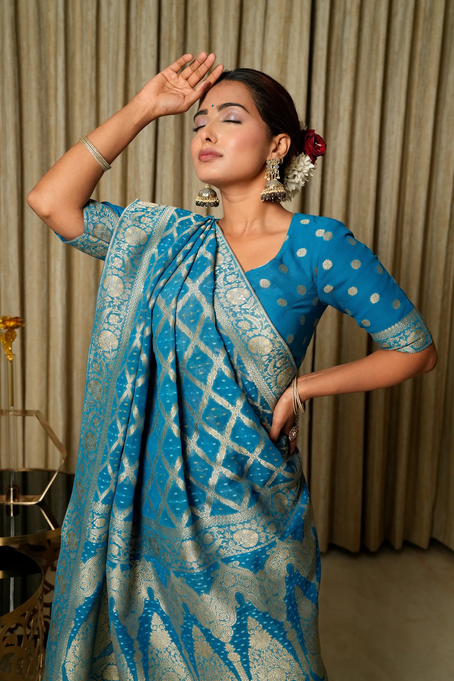 River Blue Woven Banarasi Pure Georgette Bandhej Saree (Bandhani)