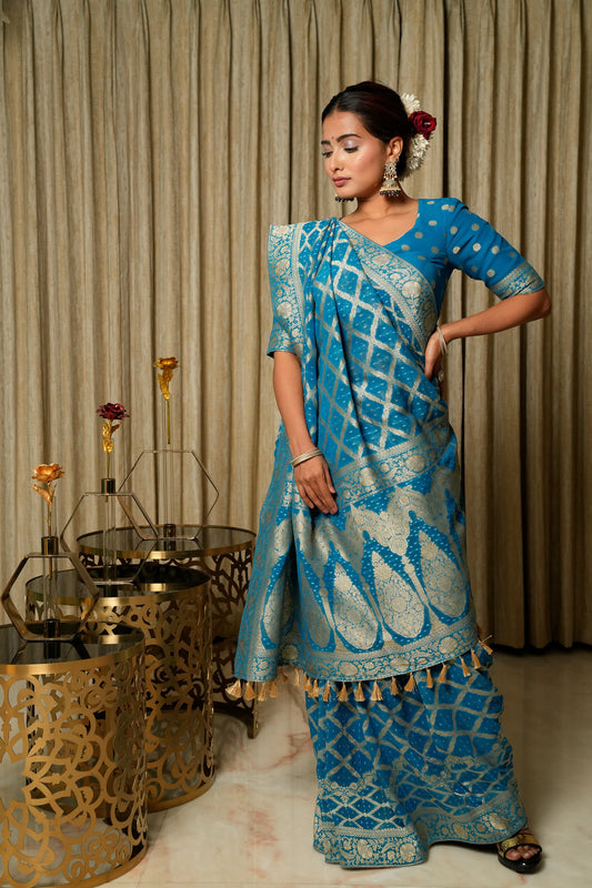 River Blue Woven Banarasi Pure Georgette Bandhej Saree (Bandhani)