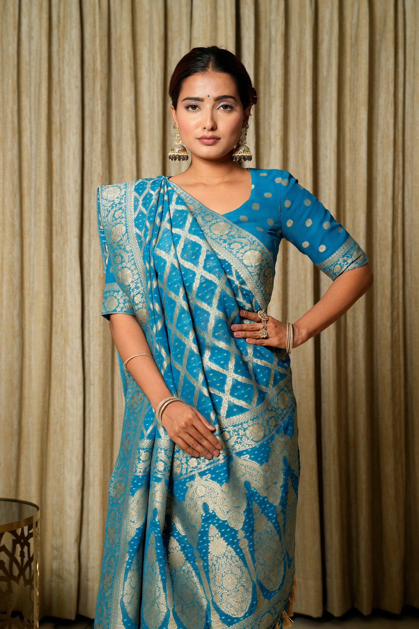River Blue Woven Banarasi Pure Georgette Bandhej Saree (Bandhani)