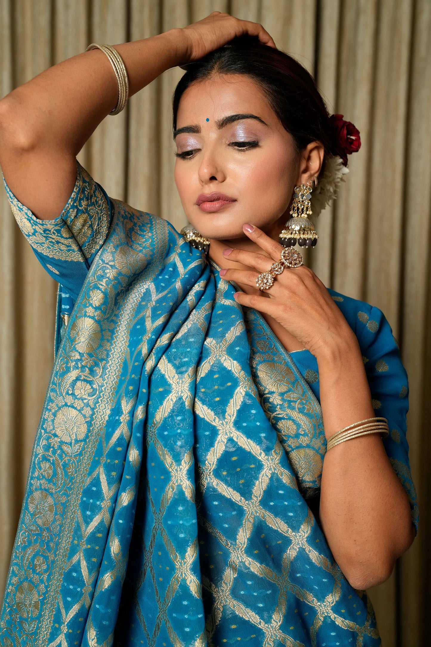 River Blue Woven Banarasi Pure Georgette Bandhej Saree (Bandhani)